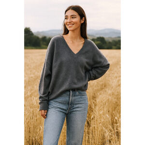 Jenni Kayne Cashmere V-Neck Sweater Charcoal Gray Women’s Large Soft Cozy Knit